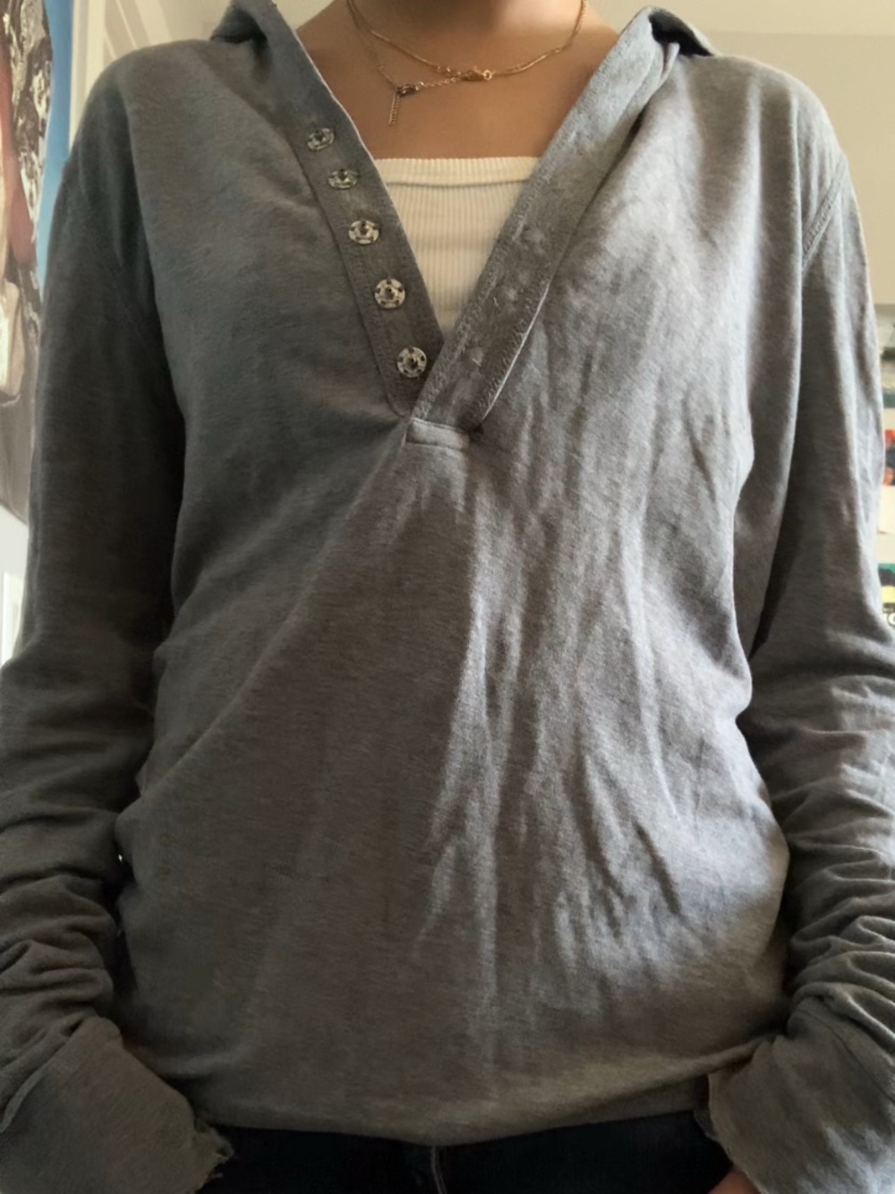 Gray Long-Sleeve Henley Hoodie Shirt